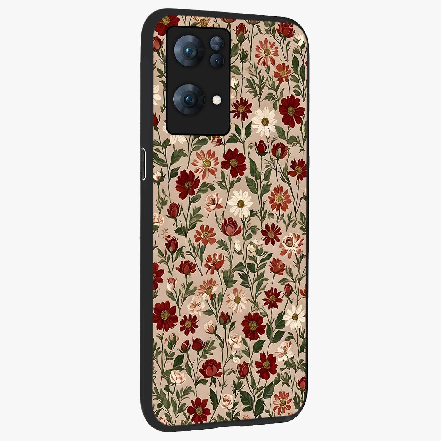 Biege Flower With Leaf Glass Case upright view showcasing delicate beige flower illustration with clean botanical style.