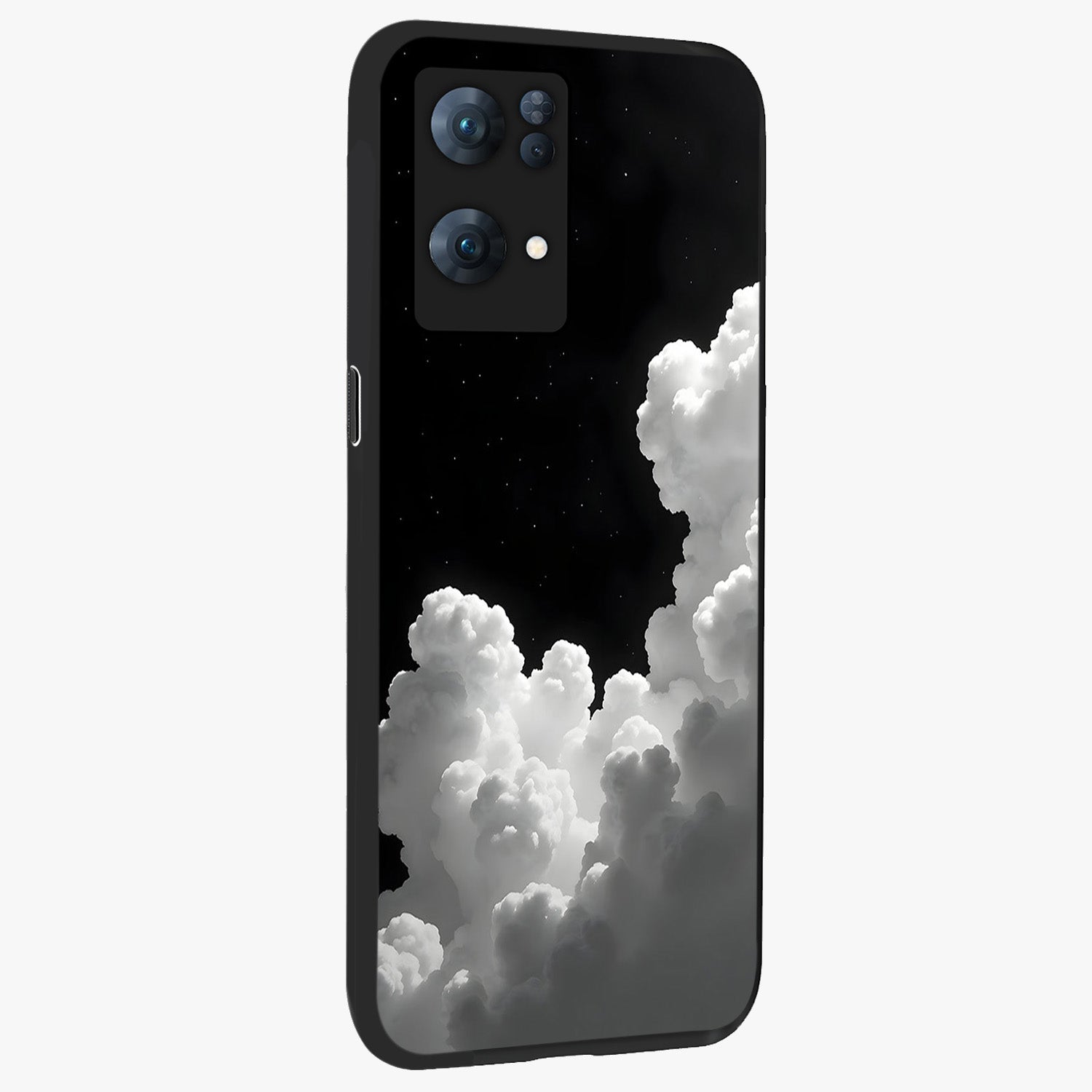 Black Background With White Cloud Glass Case upright view showcasing calm cloud aesthetic with modern minimal style.