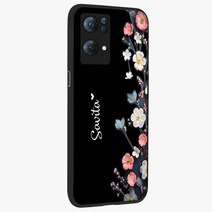 Black Elegance Floral Custom Name Glass Case upright view showcasing luxurious black floral design with personalized name detail.