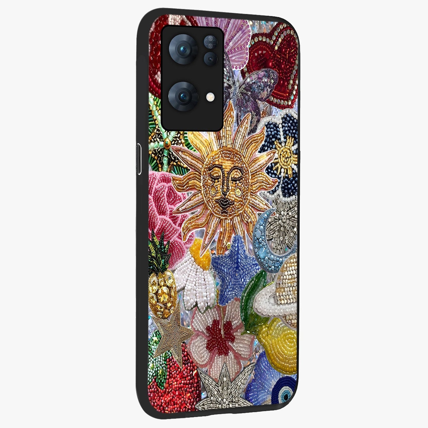 Celestial Floral and Playful Glass Case upright view showcasing whimsical floral artwork with cosmic aesthetic theme.
