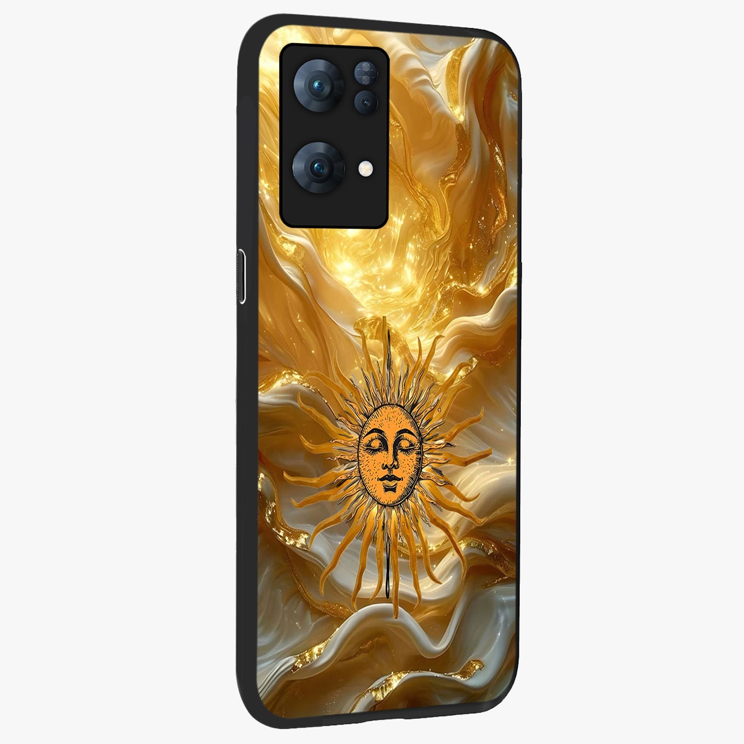 Eternal Golden Glow Glass Case upright view showcasing luminous golden artwork with luxurious visual theme.