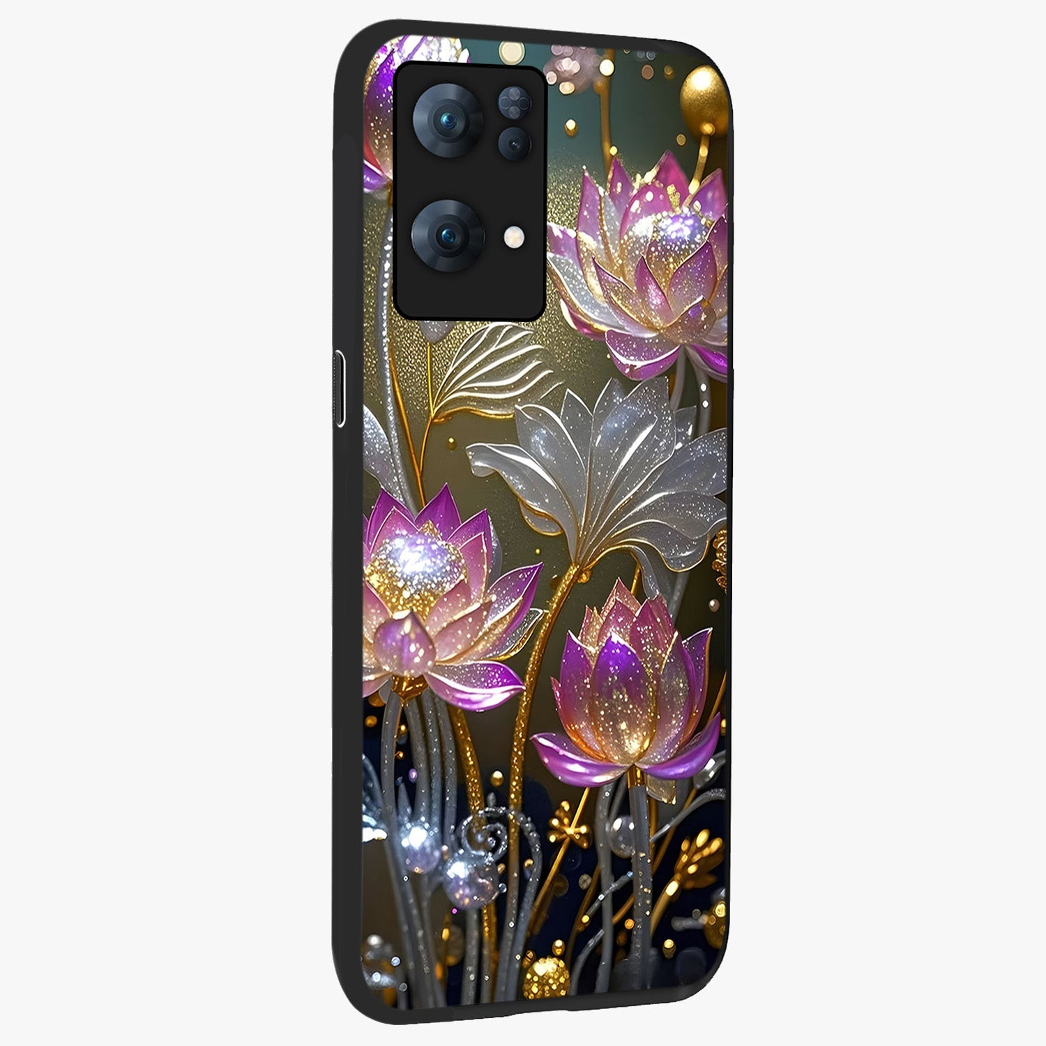 Golden Floral Majesty Glass Case upright view showcasing majestic floral artwork with rich decorative theme.