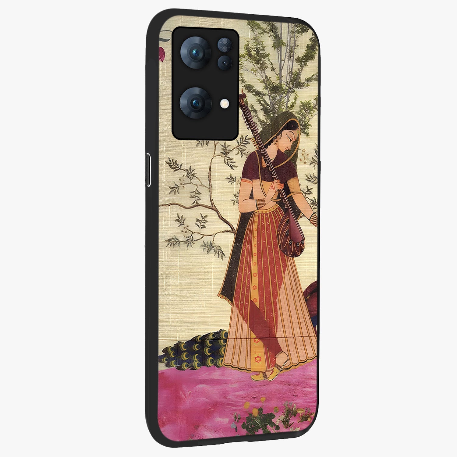Lady With Veena Art Glass Case upright view showcasing classical veena artwork with traditional artistic theme.