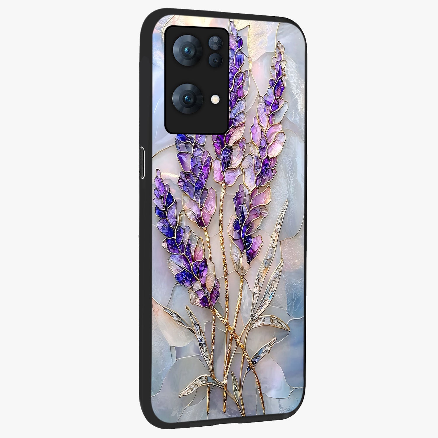 Lavender Dream Glow Glass Case upright view showcasing radiant lavender glow artwork with calming dreamy theme.