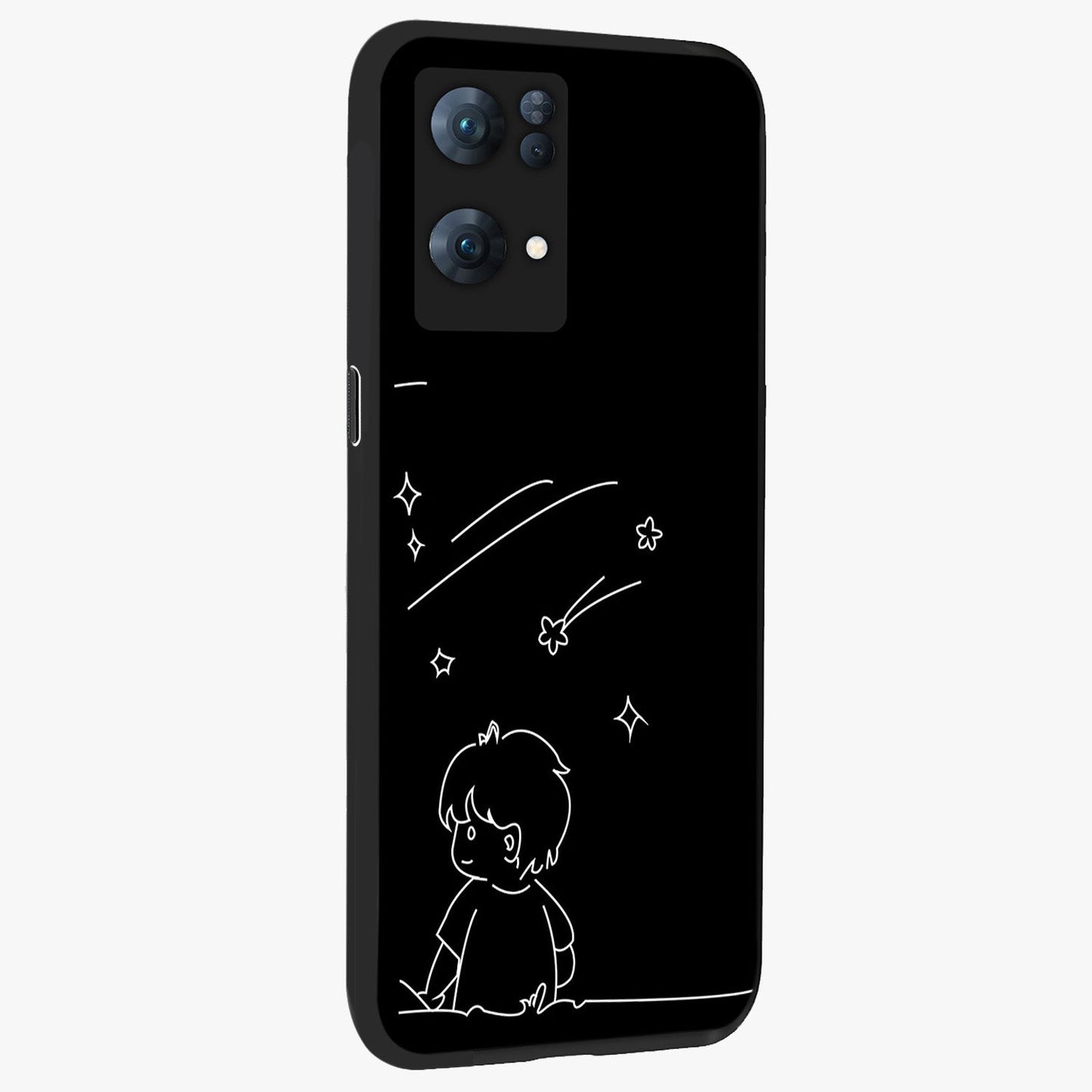 Line Art Boy With Shooting Stars Glass Case upright view showcasing artistic shooting star illustration with minimal style.