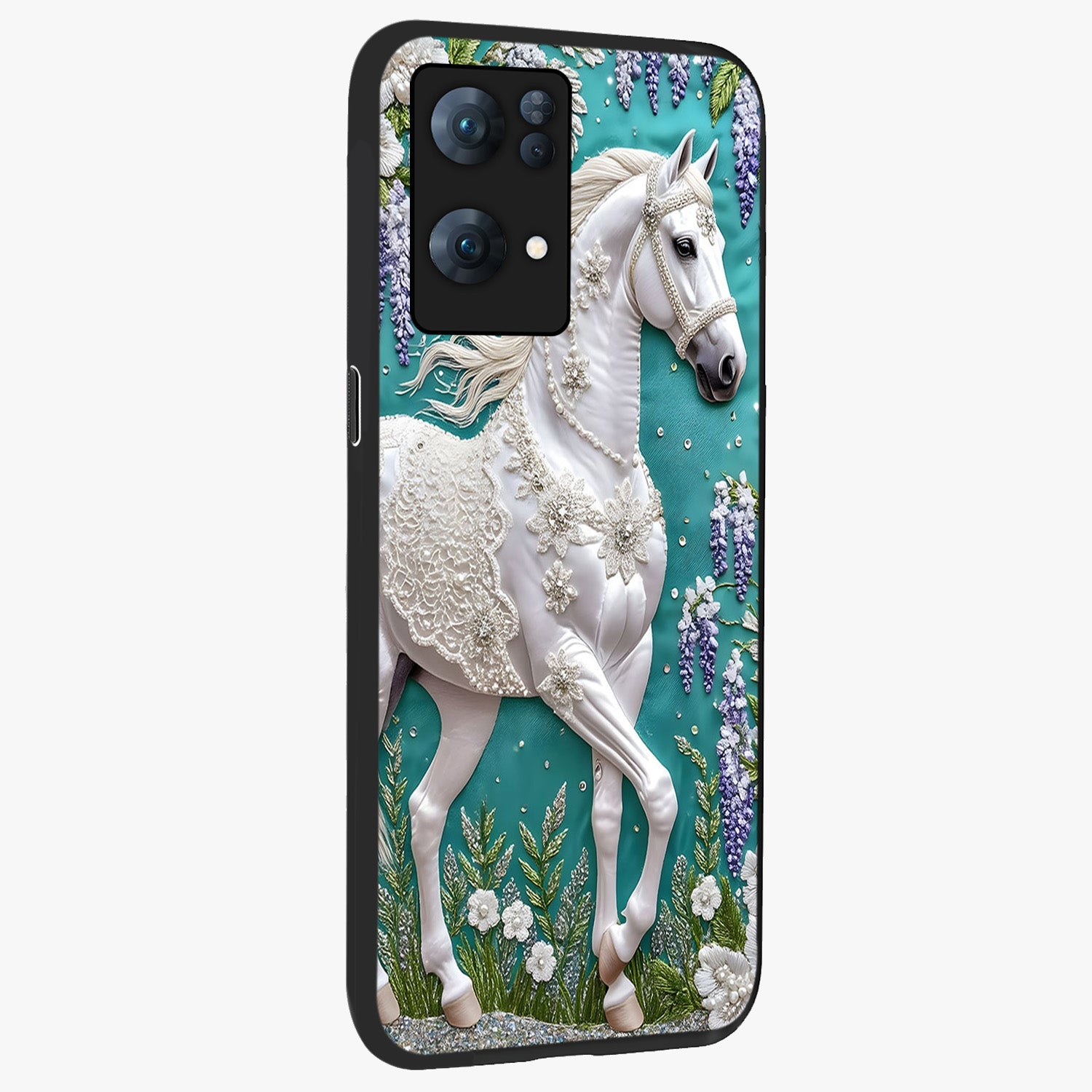 Majestic Floral Stallion Glass Case upright view showcasing dramatic horse artwork with decorative floral theme.