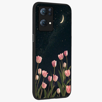 Midnight Tulip Whispers Vibe Glass Case upright view showcasing graceful tulip artwork with calm botanical theme.