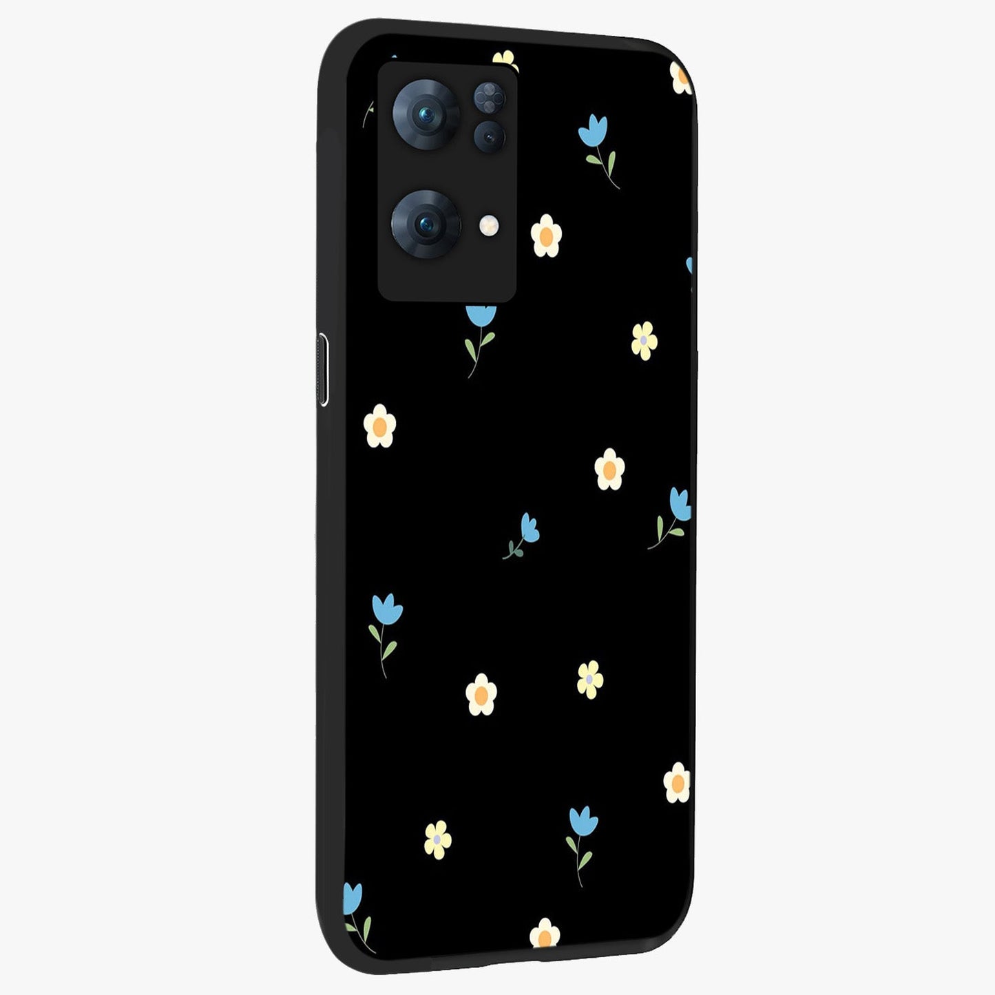 Minimal Petal Whispers Glass Case upright view showcasing elegant floral artwork with modern minimalist style.