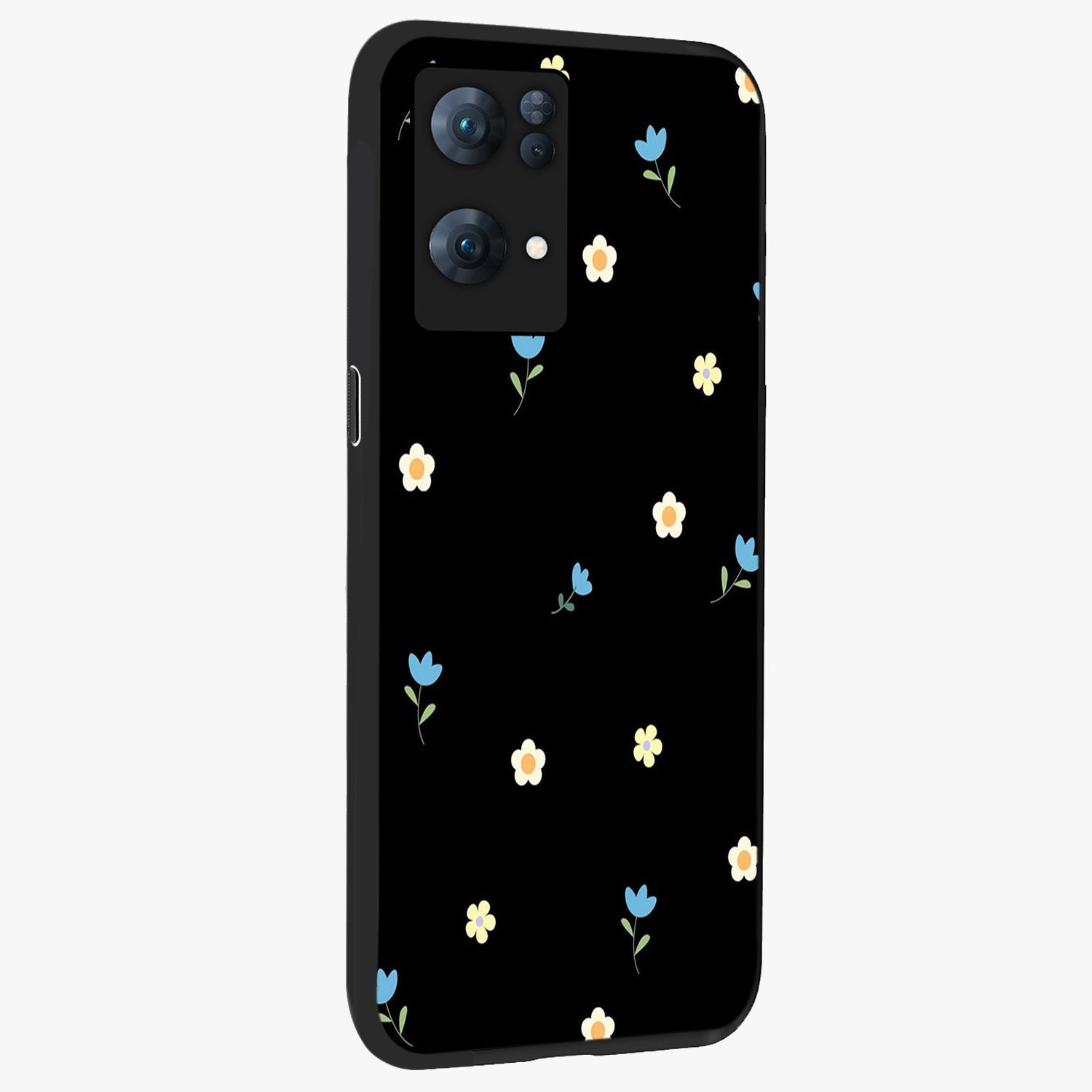Minimal Petal Whispers Glass Case upright view showcasing elegant floral artwork with modern minimalist style.