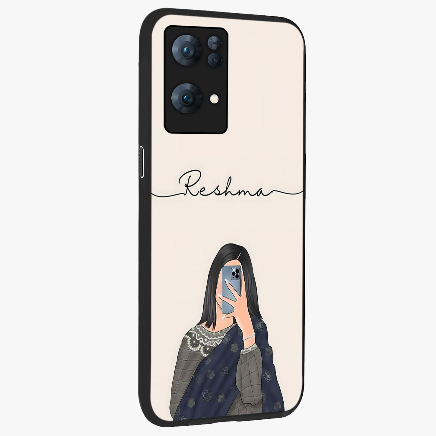 Mirror Mood Muse With Custom Name Glass Case upright view showcasing artistic mirror themed artwork with personalized aesthetic.