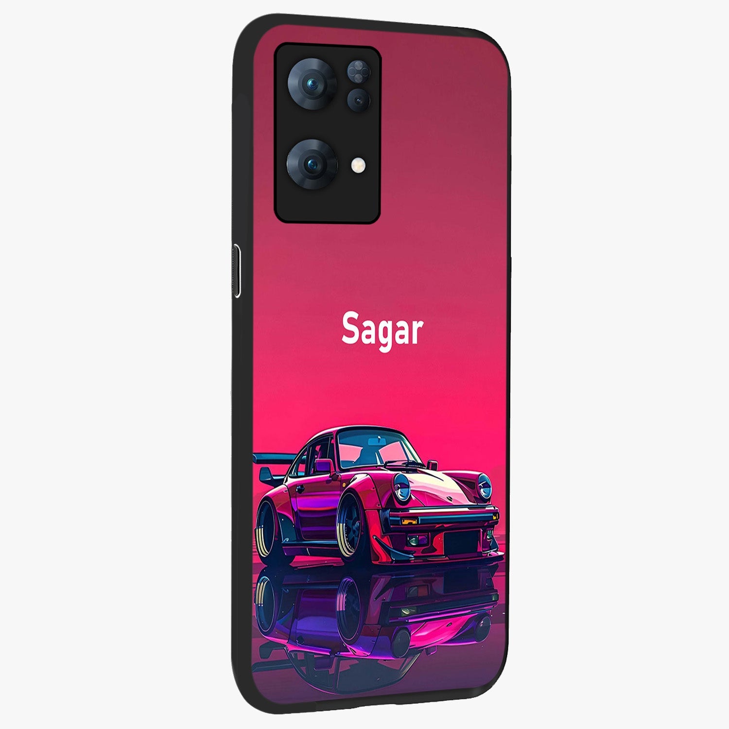 Neon Pink Porsche Glass Case upright view showcasing vibrant sports car artwork with bold automotive theme.