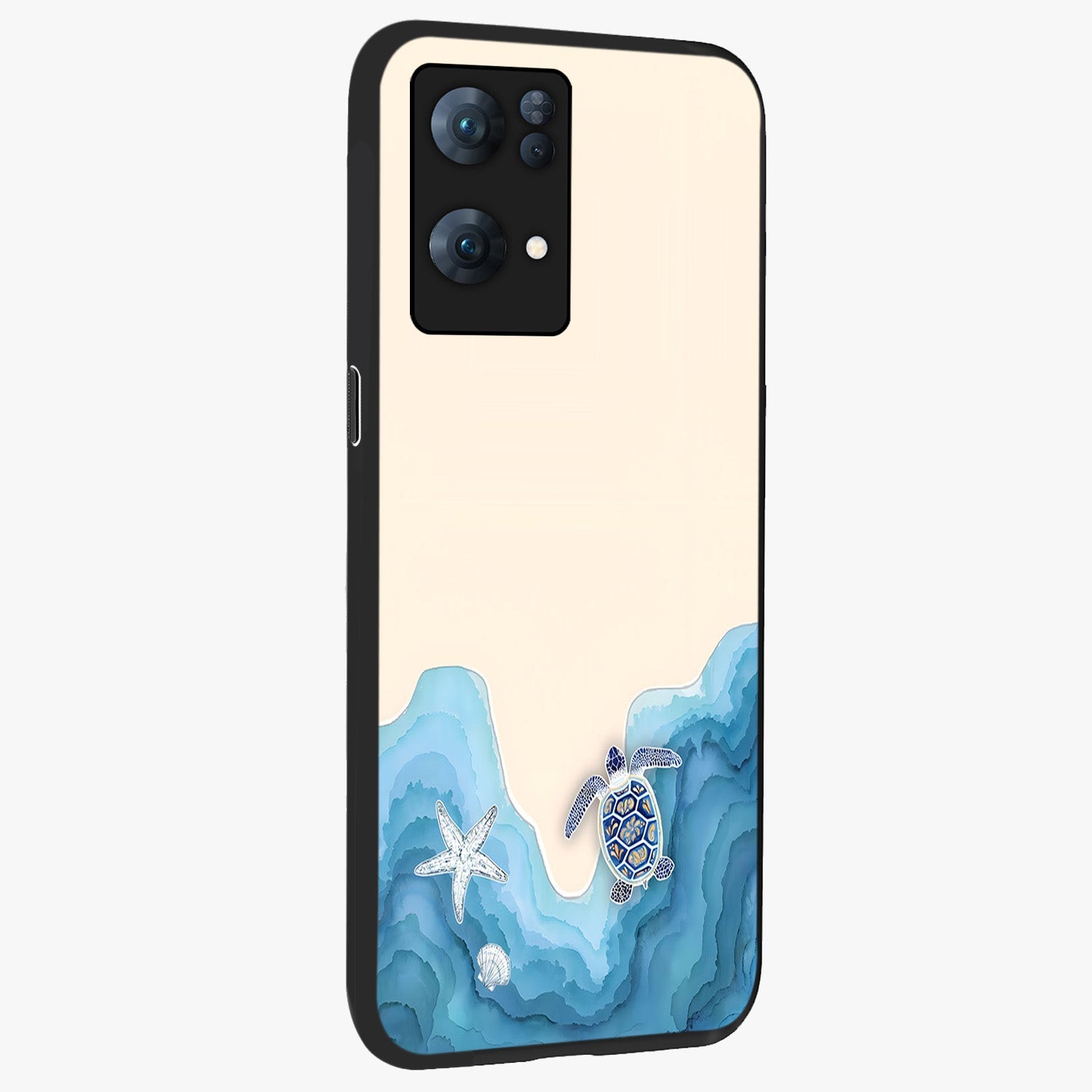 Ocean Drift Turtle Glass Case upright view showcasing calm underwater turtle artwork with nature inspired theme.