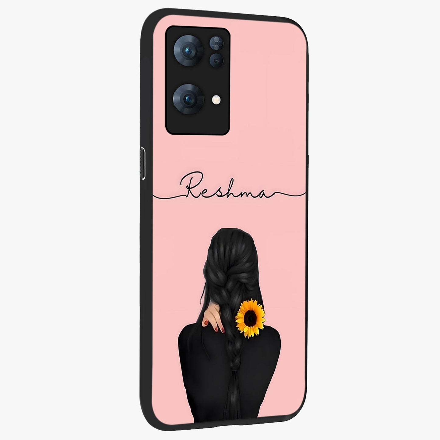Sunflower Braid Beauty With Custom Name Glass Case upright view showcasing bright sunflower artwork with personalized floral aesthetic.