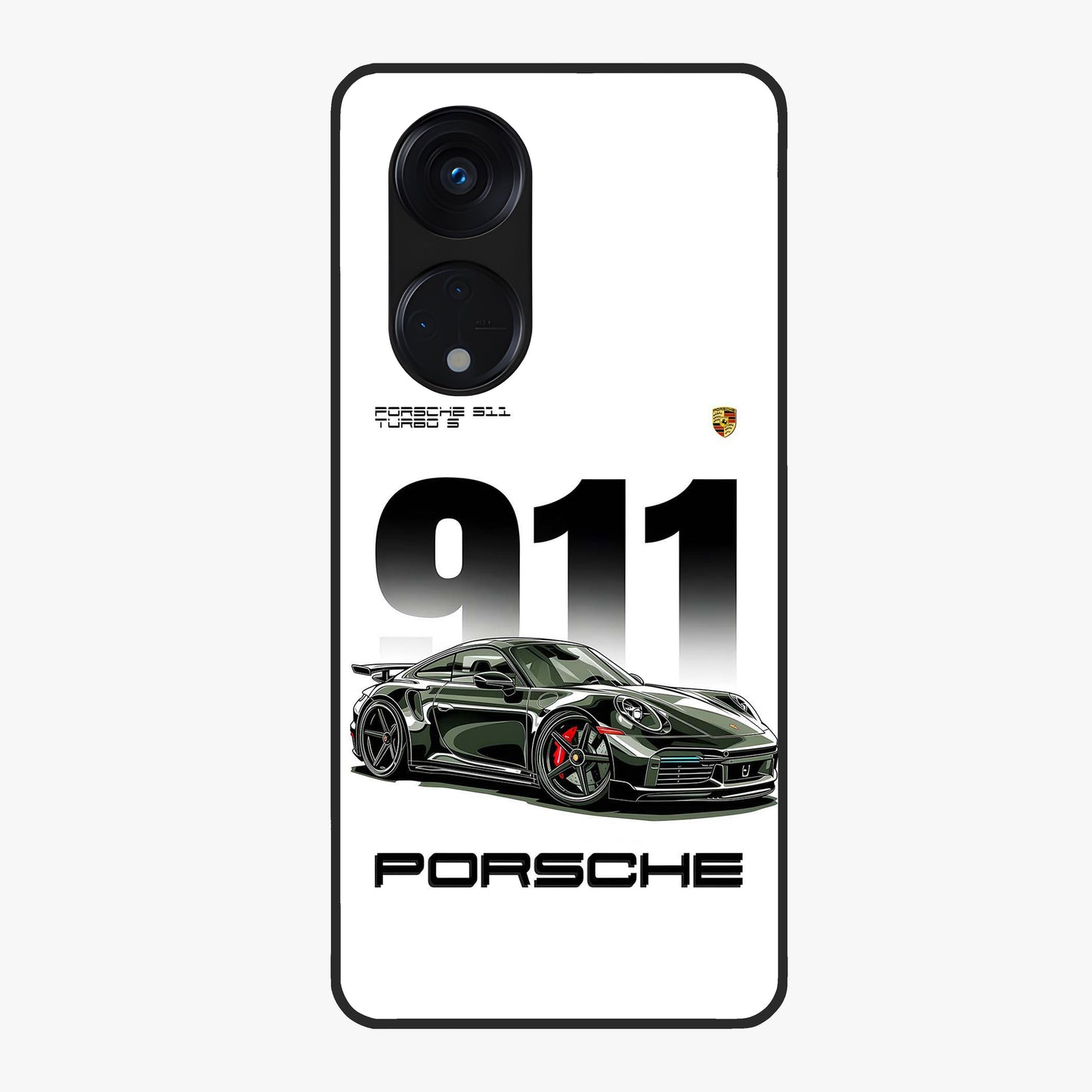911 Turbo Dominance Glass Case showing clean flat back view with bold 911 sports car artwork and glossy glass finish.