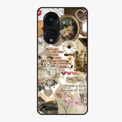 Aesthetic Brown Vintage Collage Glass Case showing flat back view with retro collage artwork and glossy glass finish.