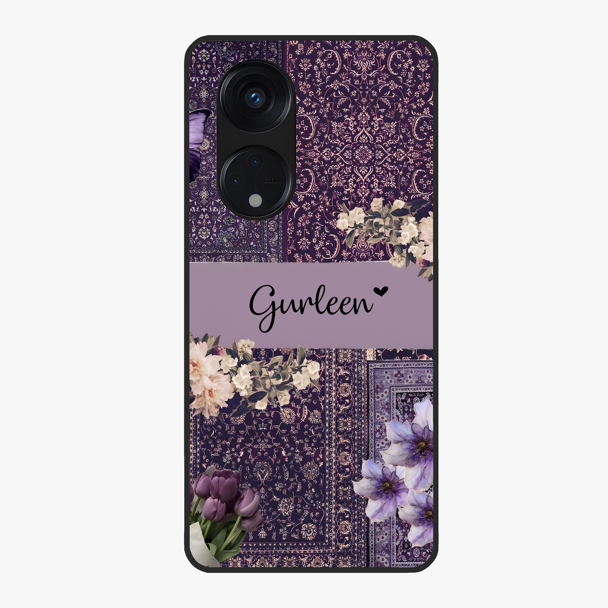 Antique Floral Whisper Custom Name Glass Case showing flat back view with vintage floral artwork and personalized name design.