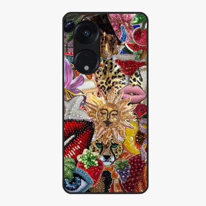 Beaded Fashion Jungle Glass Case showing flat back view with vibrant jungle inspired bead artwork and glossy glass finish.