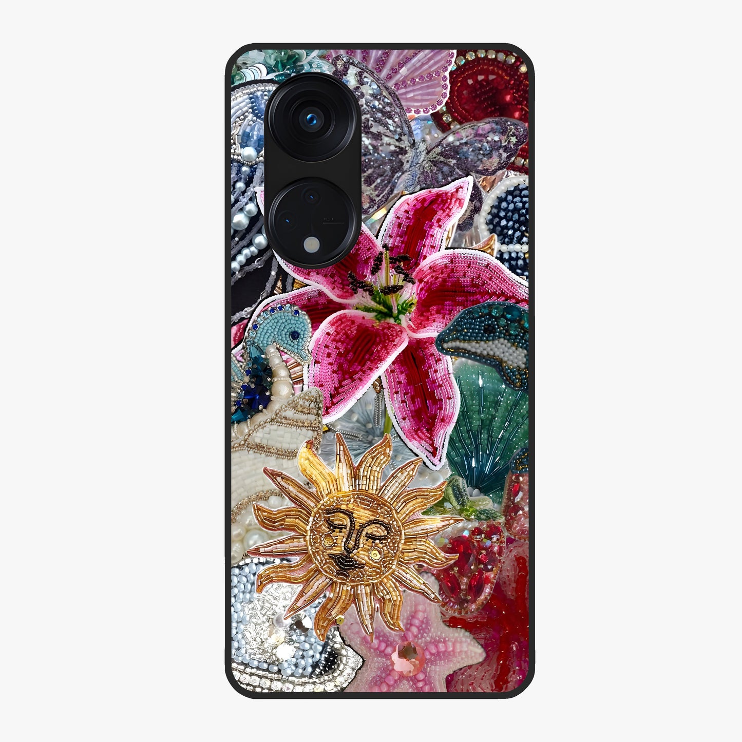 Beaded Garden Fantasy Glass Case showing flat back view with dreamy garden bead artwork and glossy glass finish.