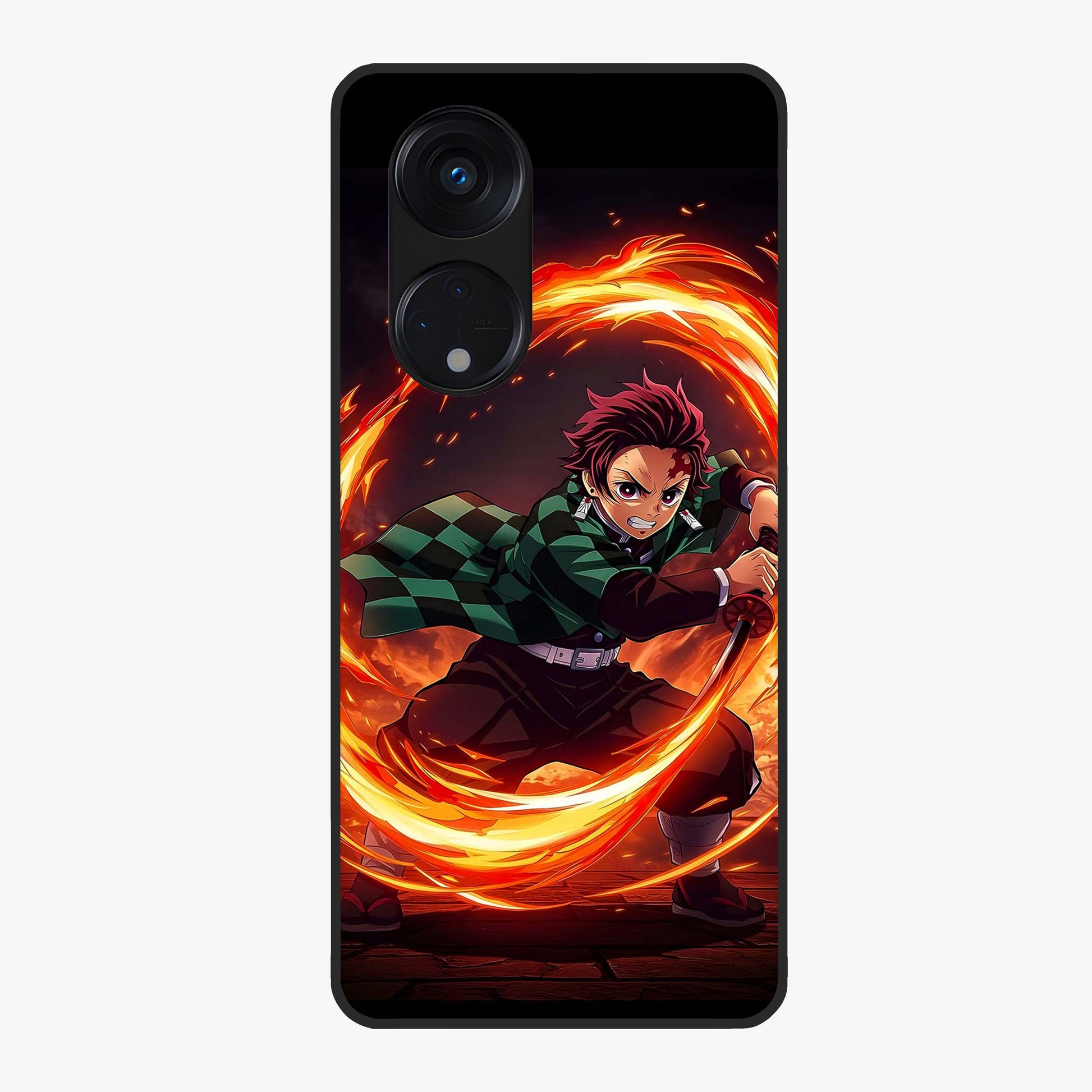 Blazing Sword Resolve Glass Case showing flat back view with fiery sword artwork and glossy glass finish.