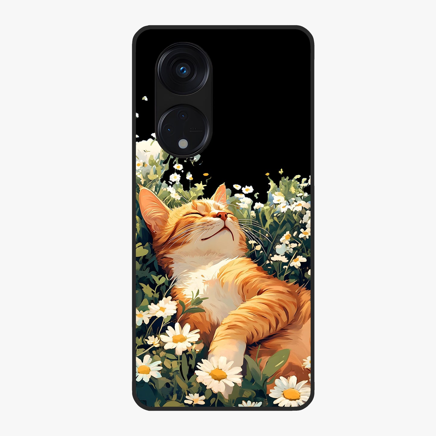 Blissful Bloom Cat Glass Case showing flat back view with cute cat and floral bloom artwork and glossy glass finish.