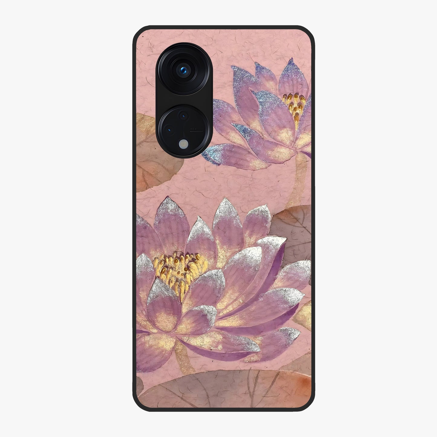 Blossom Mist Lotus Glass Case showing flat back view with serene lotus blossom artwork and glossy glass finish.