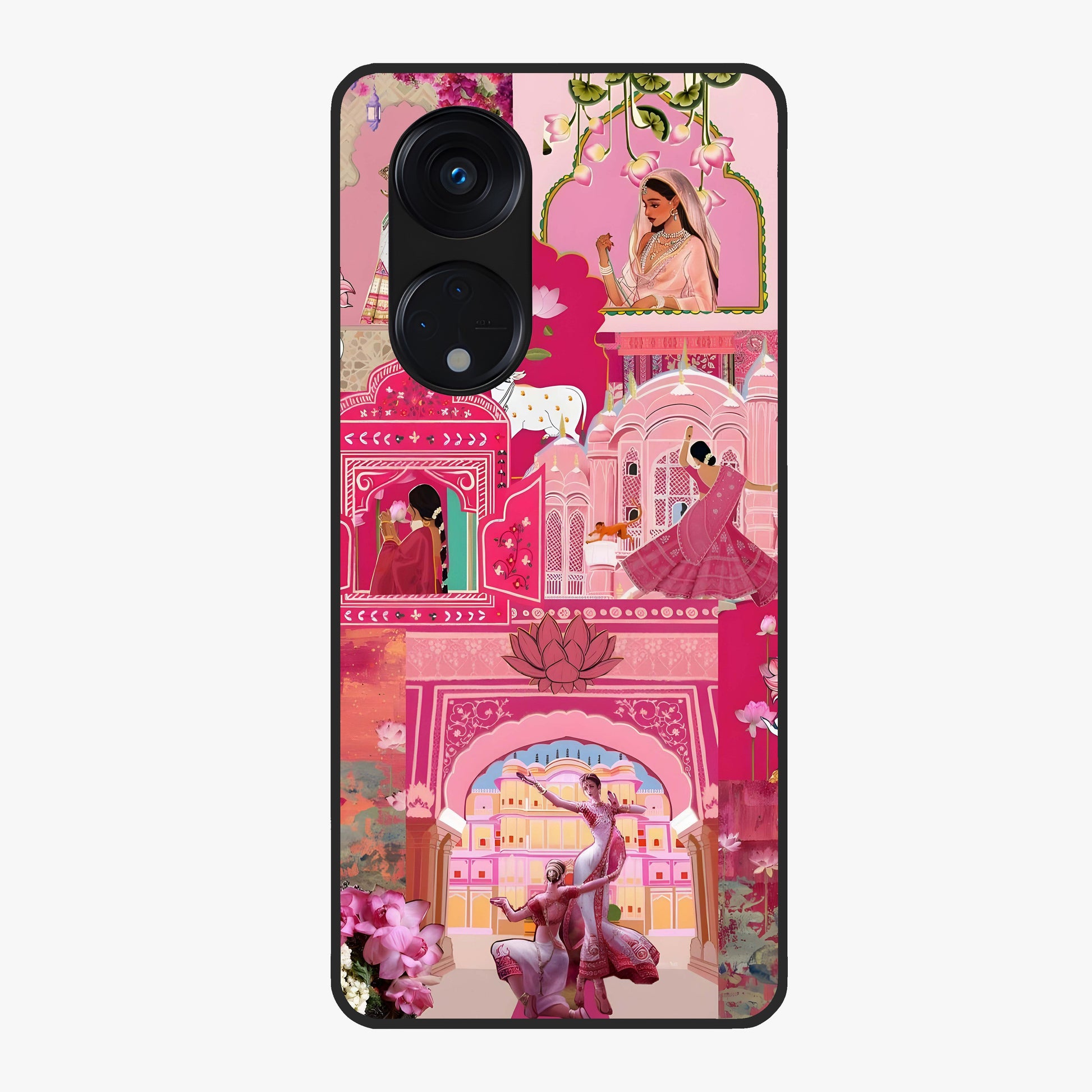 Blossoms of Rajasthan Glass Case showing flat back view with traditional floral artwork inspired by Rajasthan and glossy glass finish.