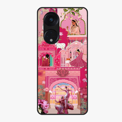 Blossoms of Rajasthan Glass Case showing flat back view with traditional floral artwork inspired by Rajasthan and glossy glass finish.