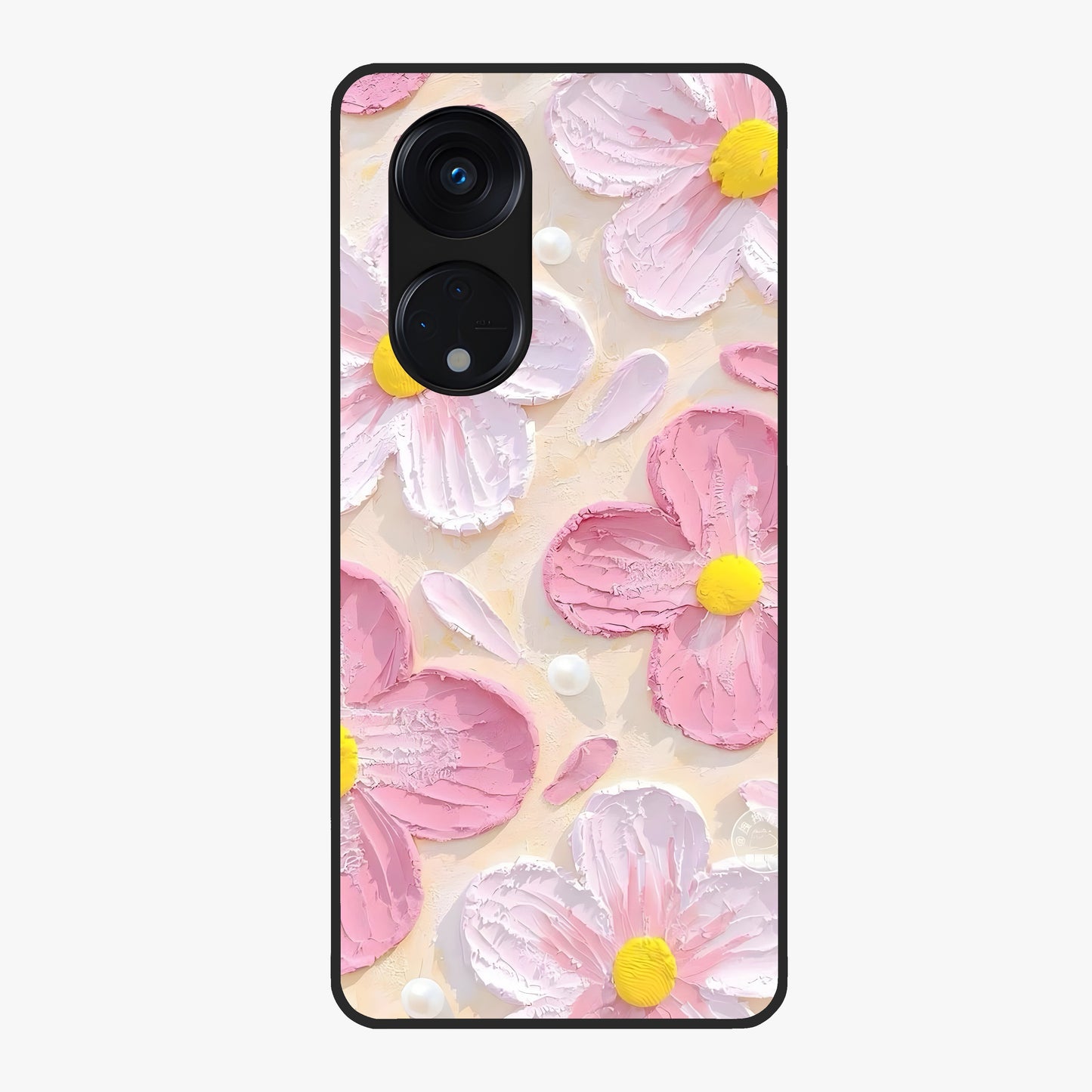 Blush Bloom Texture Glass Case showing flat back view with soft blush floral texture artwork and glossy glass finish.