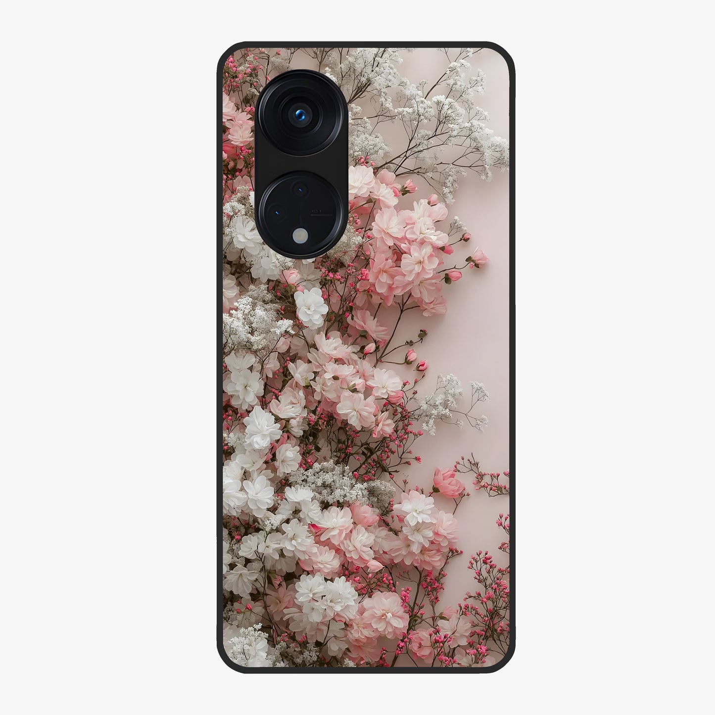 Blush Blossom Cloud Glass Case showing flat back view with dreamy blush cloud blossom artwork and glossy glass finish.