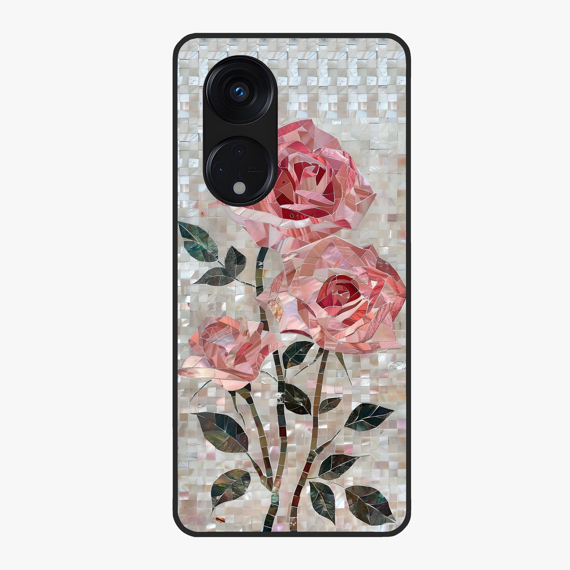 Blush Mosaic Bloom Glass Case showing flat back view with mosaic floral bloom artwork and glossy glass finish.