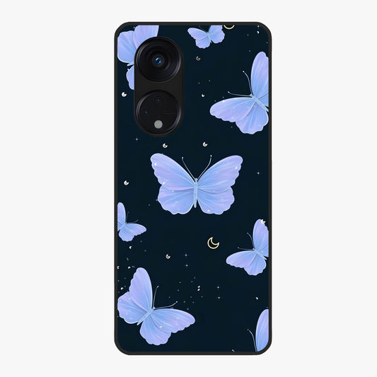 Butterfly With Stars Pattern Glass Case showing flat back view with butterfly and star pattern artwork and glossy glass finish.