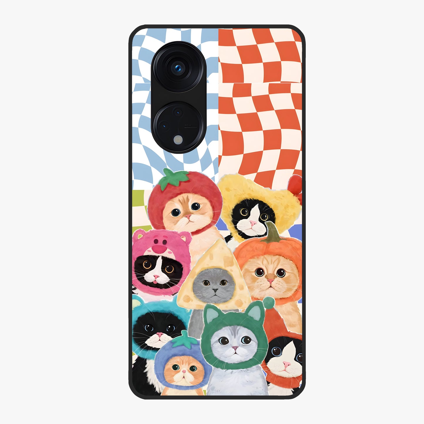 Cats in Fruits Glass Case showing flat back view with playful cat illustrations inside fruit artwork and glossy glass finish.