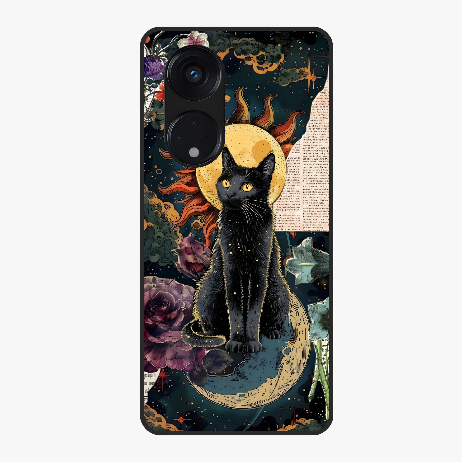 Celestial Black Cat Glass Case showing flat back view with mystical black cat artwork and glossy glass finish.