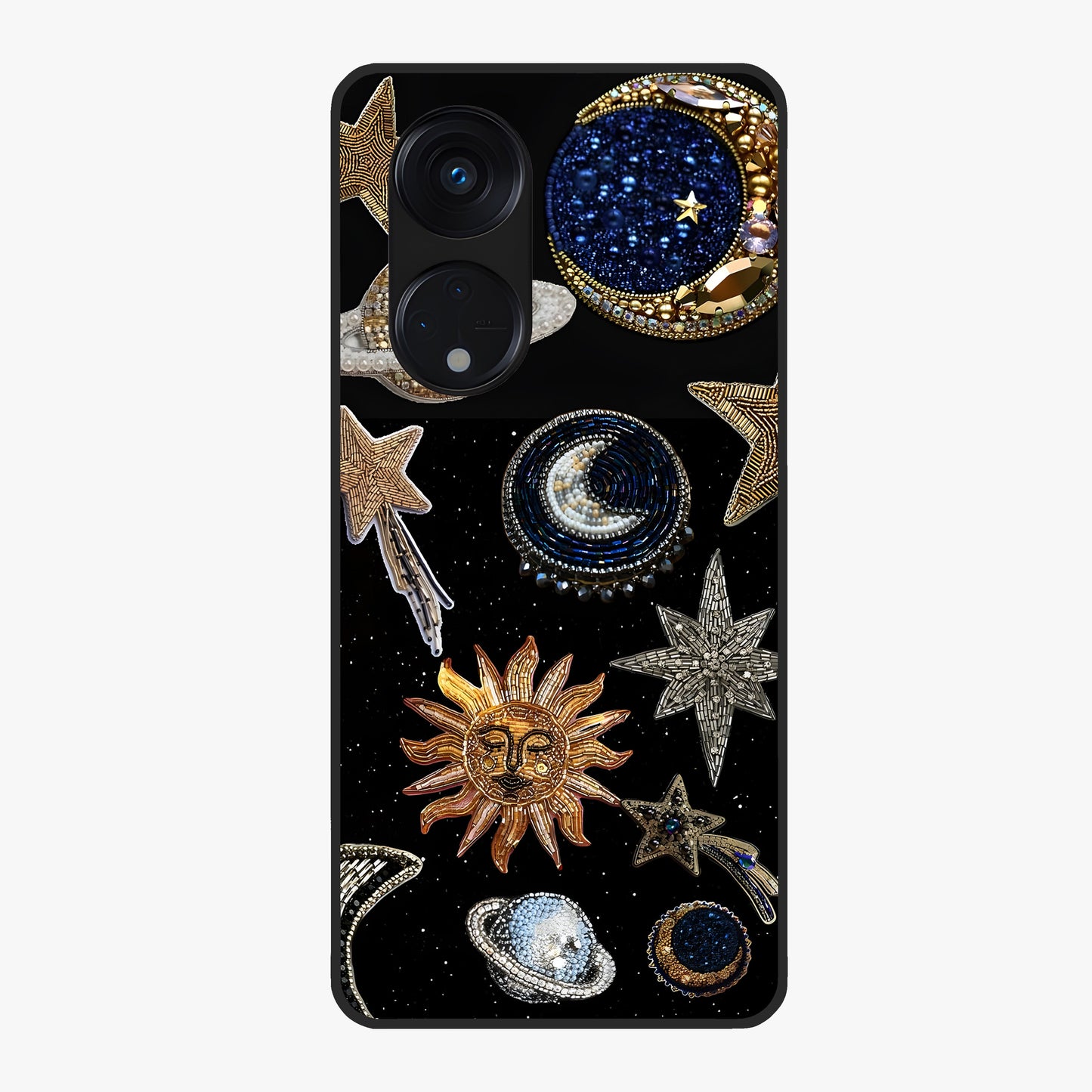 Celestial Gem Constellations Glass Case showing flat back view with sparkling constellation artwork and glossy glass finish.