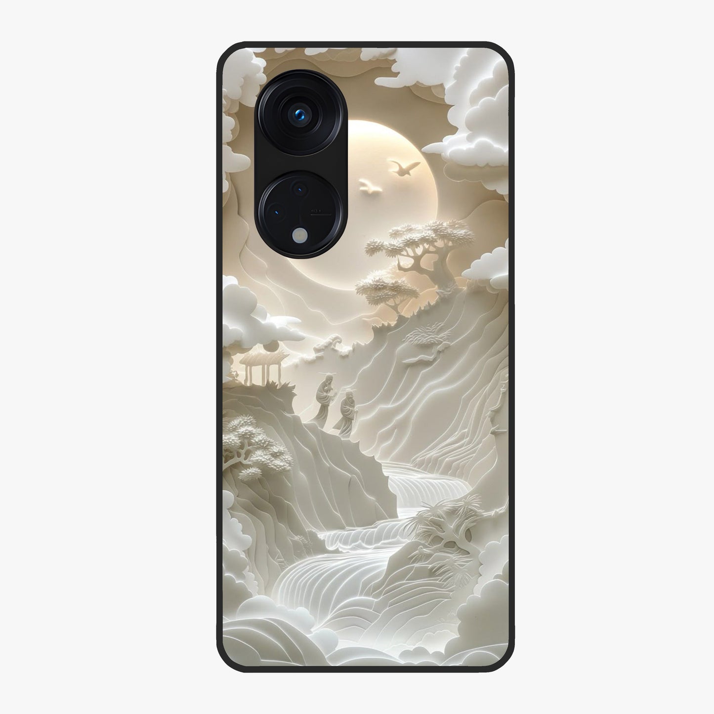 Celestial Origami Glass Case showing flat back view with artistic origami inspired celestial artwork and glossy glass finish.