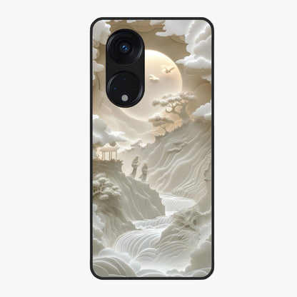 Celestial Origami Glass Case showing flat back view with artistic origami inspired celestial artwork and glossy glass finish.