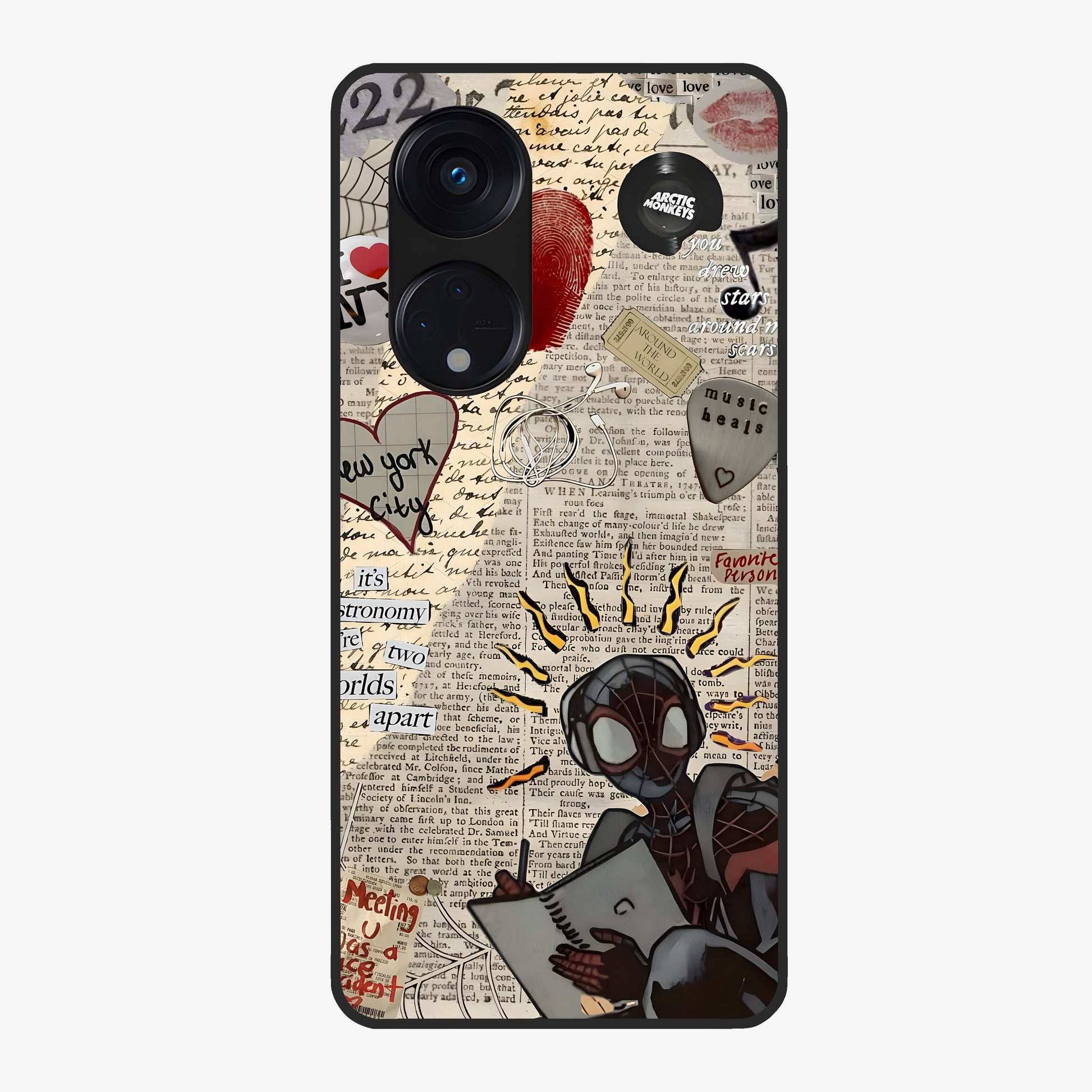 City Dream Sketch Glass Case showing flat back view with artistic city skyline sketch artwork and glossy glass finish.