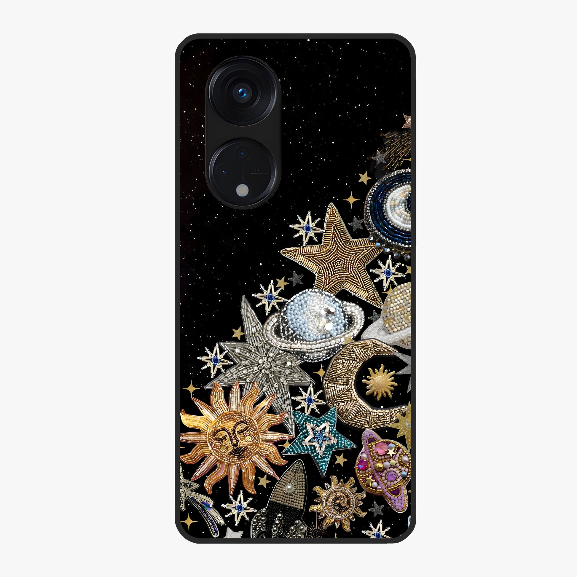 Cosmic Sparkle Dreams Glass Case showing flat back view with sparkling cosmic artwork and glossy glass finish.