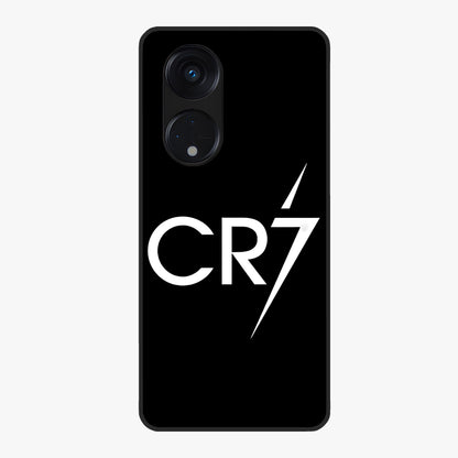 Cr7 Elite Strike Glass Case showing flat back view with dynamic football inspired artwork and glossy glass finish.