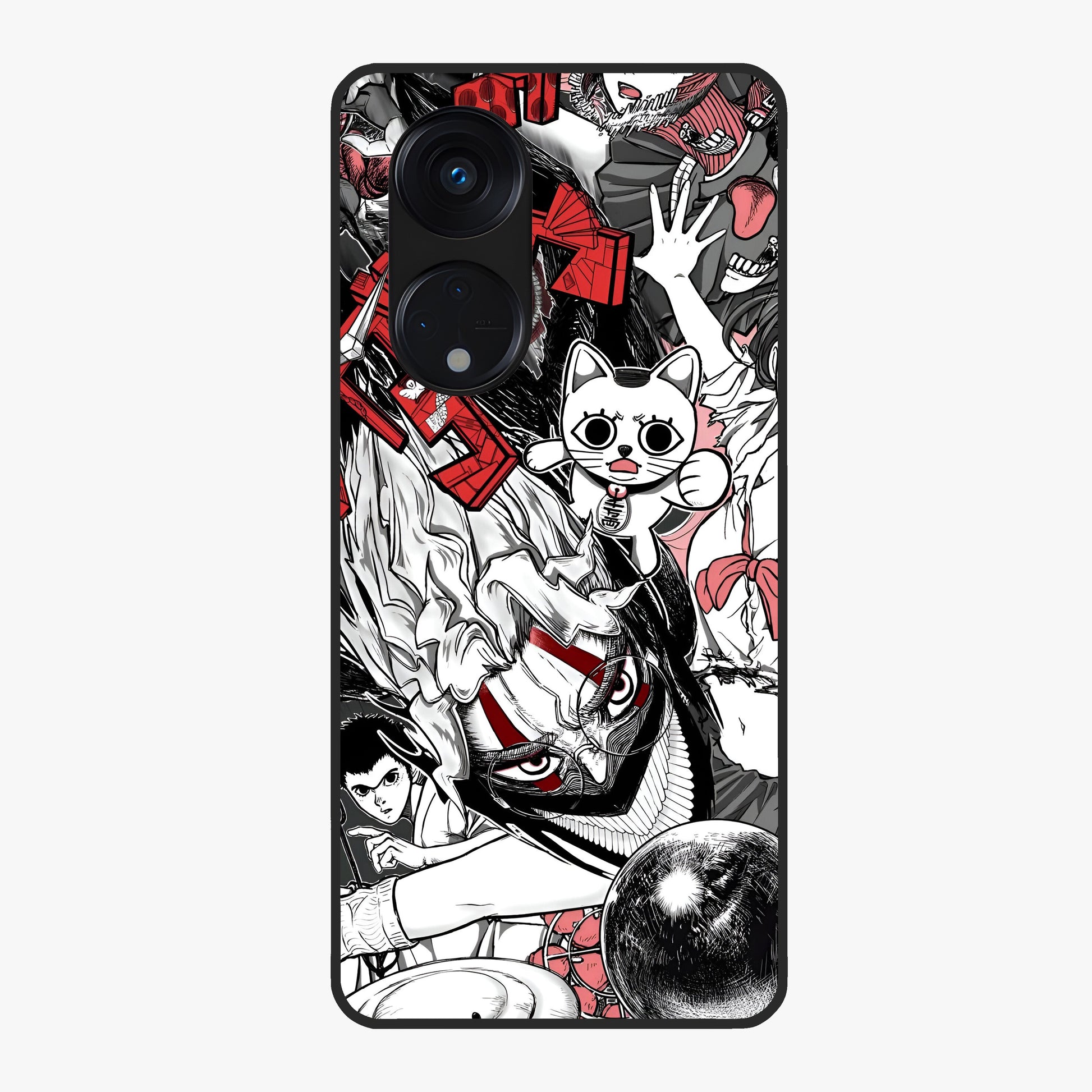 Crimson Chaos Panel Glass Case showing flat back view with bold crimson abstract artwork and glossy glass finish.