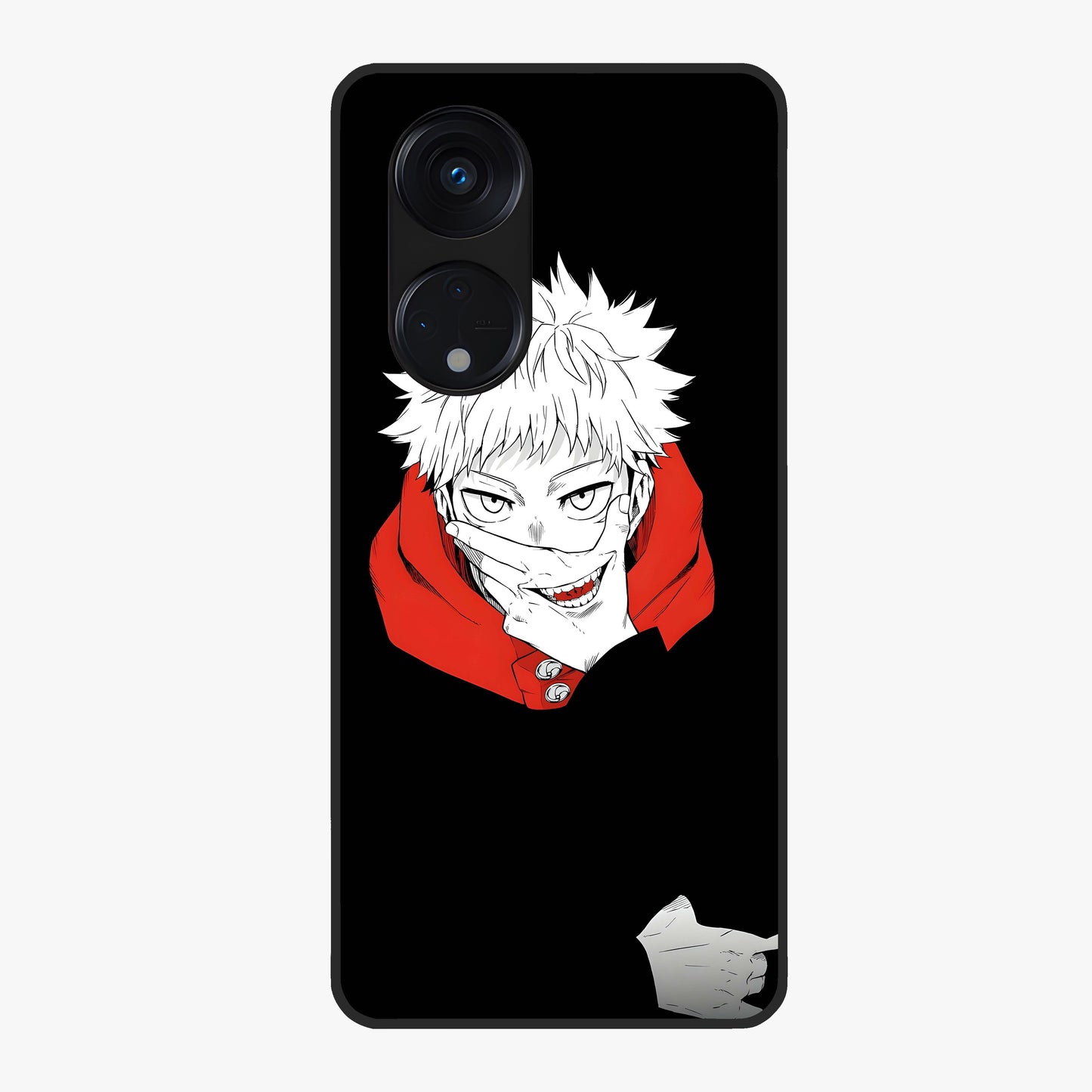 Crimson Chaos Smile Glass Case showing flat back view with bold chaotic smile artwork and glossy glass finish.