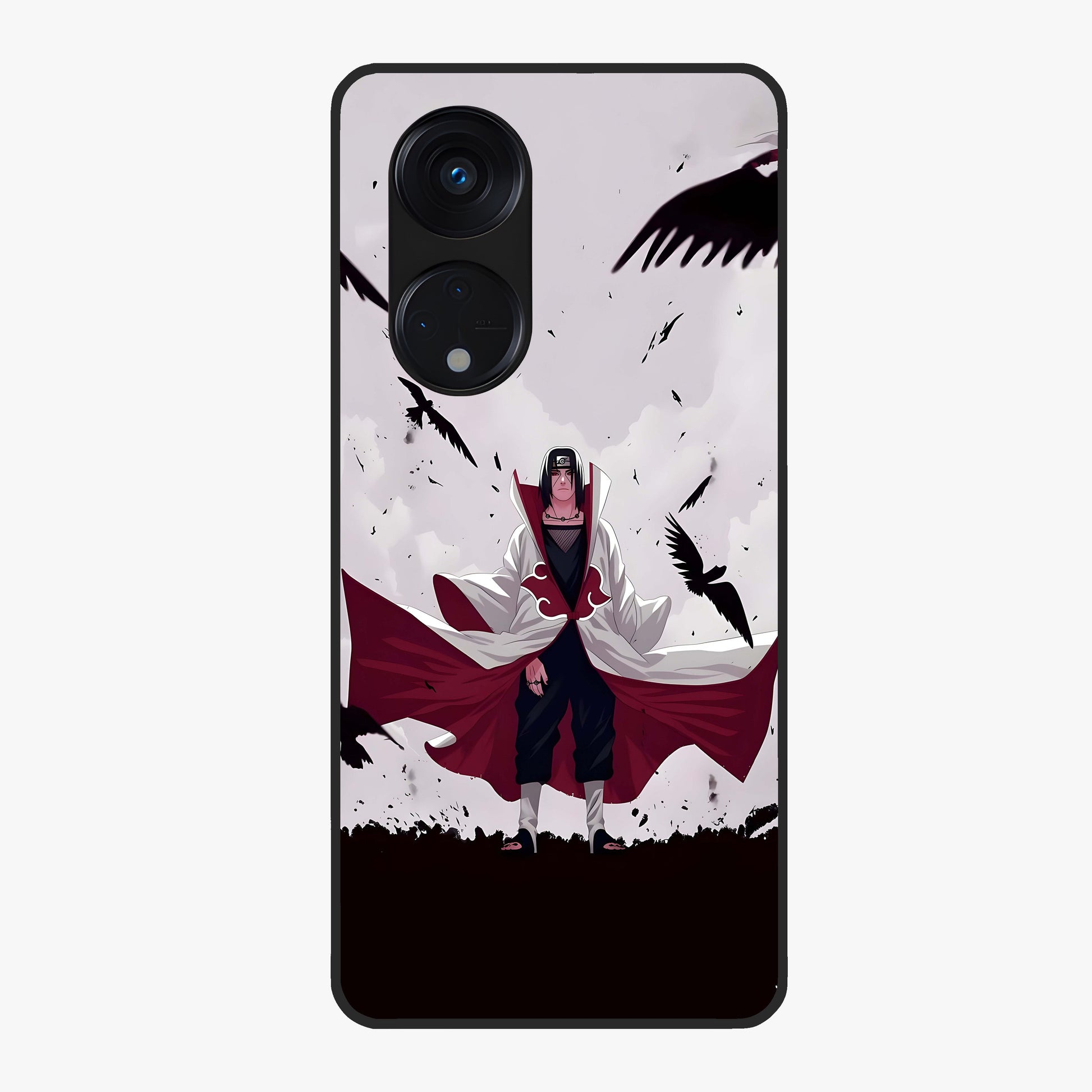 Crimson Crow Ascension Glass Case showing flat back view with mystical crow artwork and glossy glass finish.