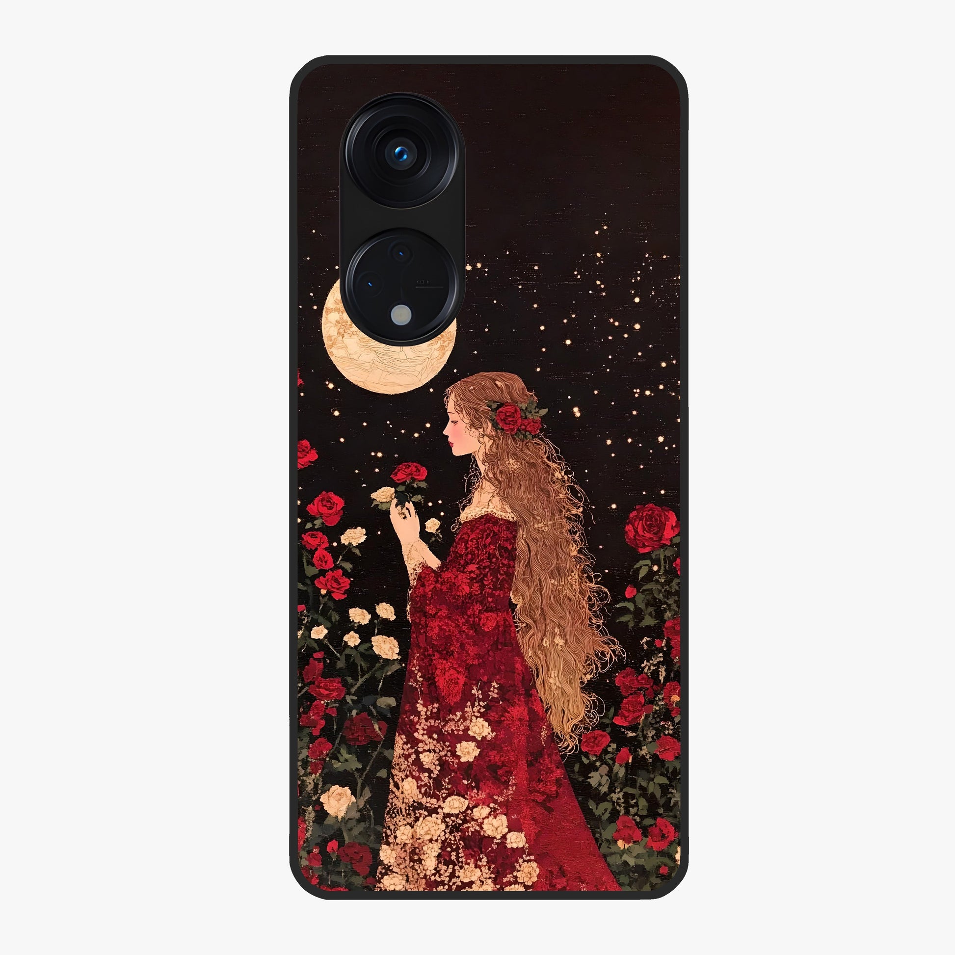 Crimson Dreams Glass Case showing flat back view with dreamy crimson artwork and glossy glass finish.