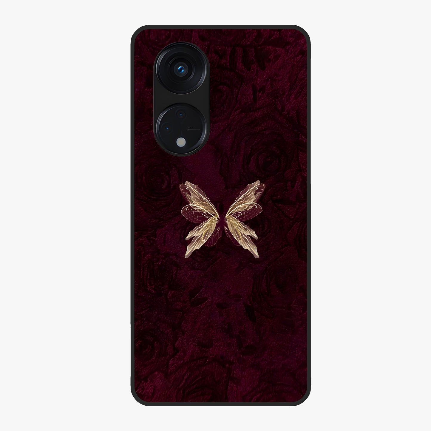 Crimson Fade Butterfly Glass Case showing flat back view with fading butterfly artwork and glossy glass finish.