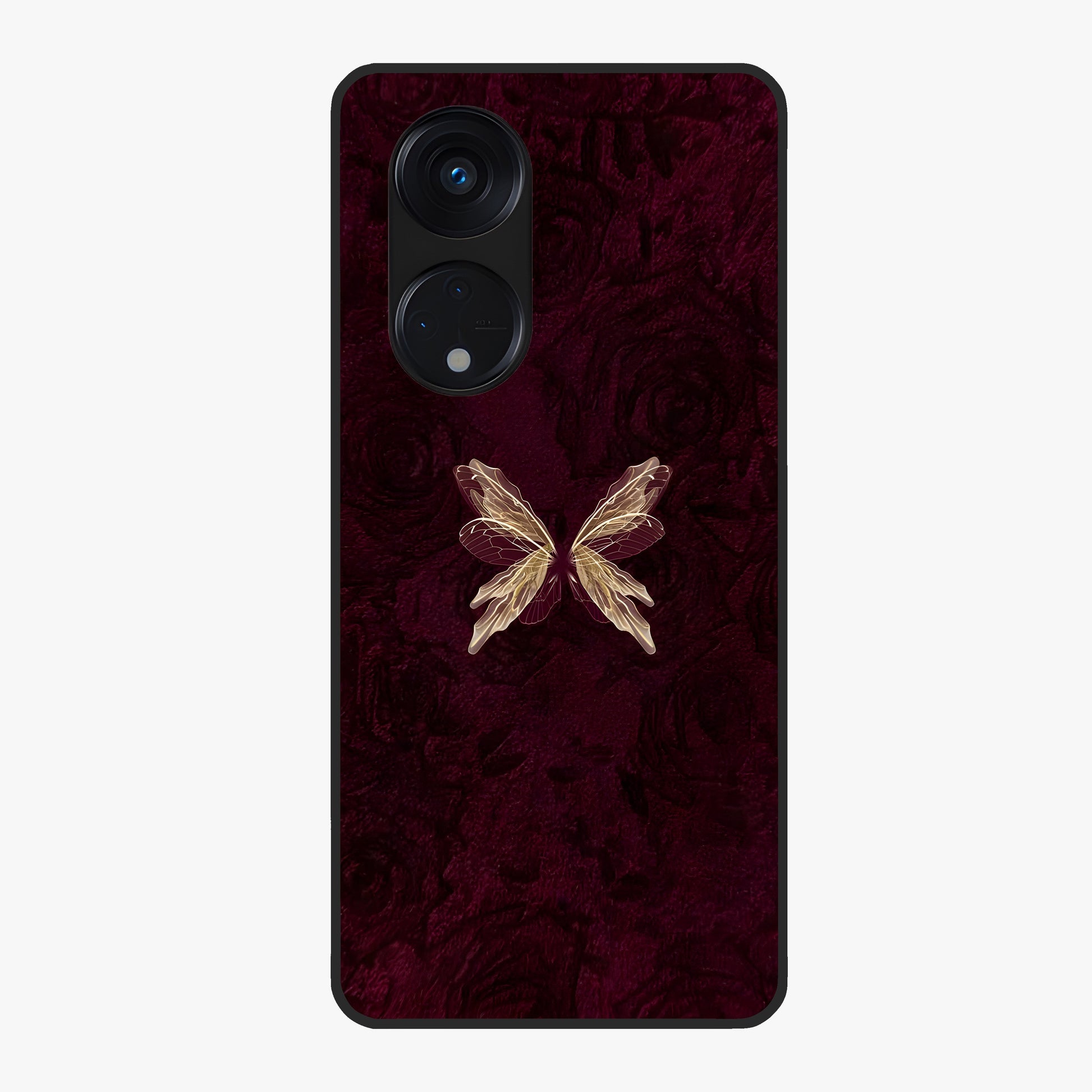 Crimson Fade Butterfly Glass Case showing flat back view with fading butterfly artwork and glossy glass finish.