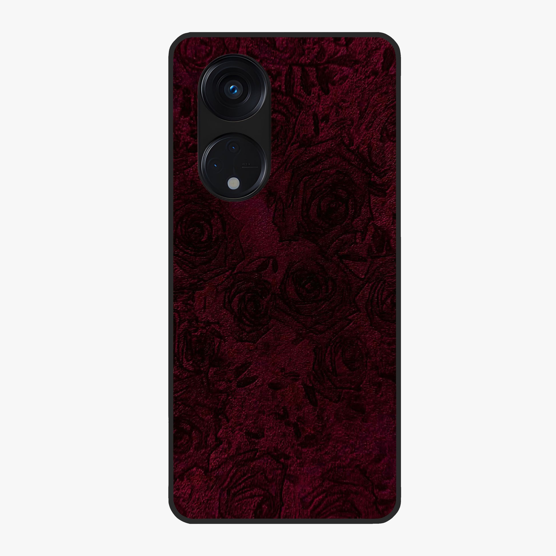 Crimson Fade Flow Glass Case showing flat back view with flowing crimson gradient artwork and glossy glass finish.