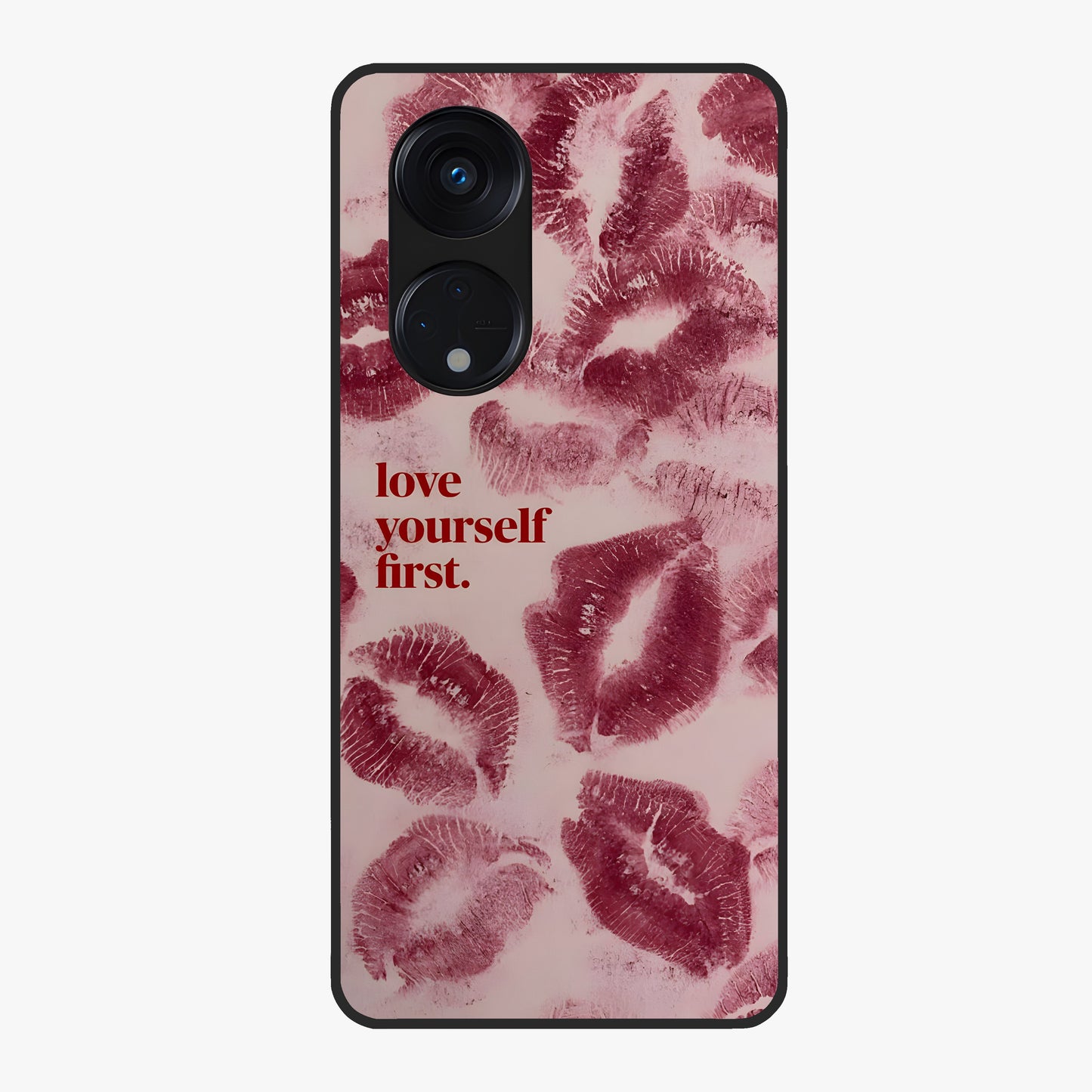 Crimson Kiss Love Glass Case showing flat back view with romantic crimson themed artwork and glossy glass finish.