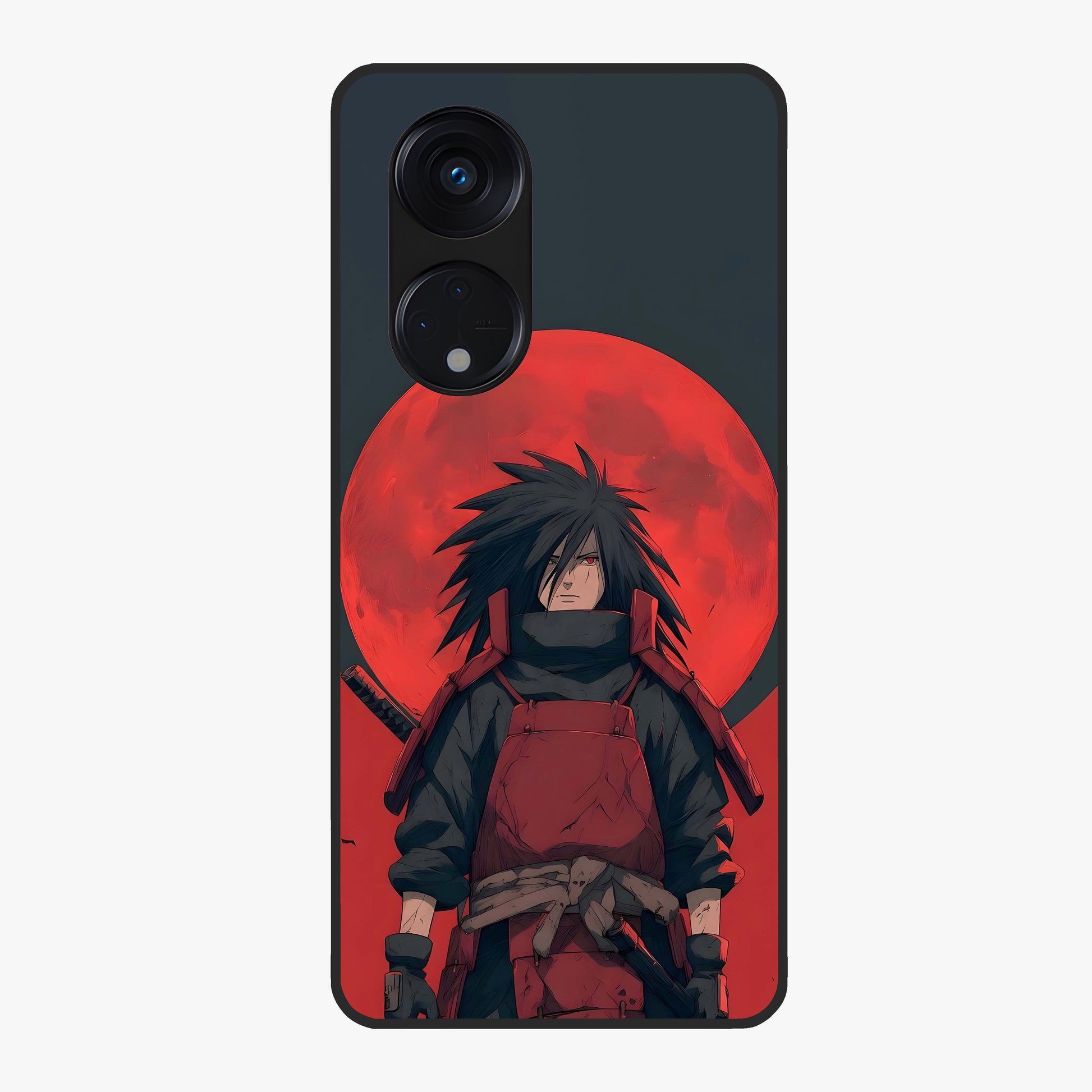 Crimson Moon Warlord Glass Case showing flat back view with mystical moon warrior artwork and glossy glass finish.