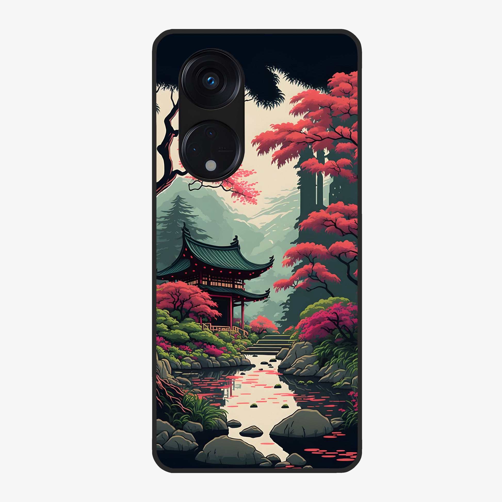 Crimson Temple View Glass Case showing flat back view with temple inspired artwork and glossy glass finish.