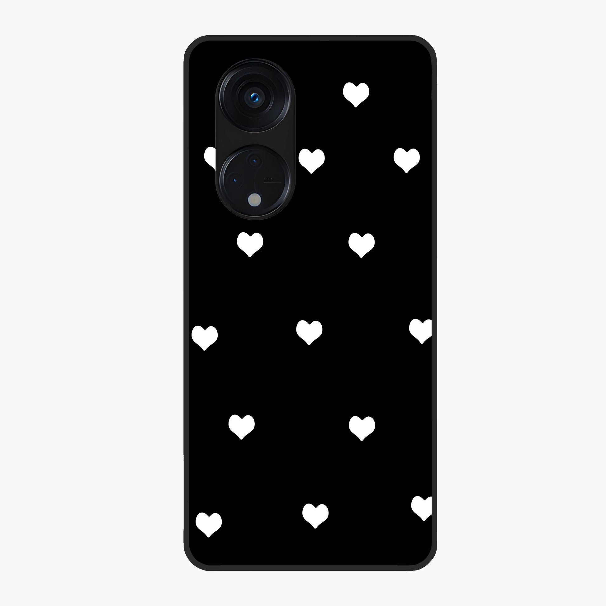 Cute And Simple White Hearts Glass Case showing flat back view with minimal white heart pattern and glossy glass finish.